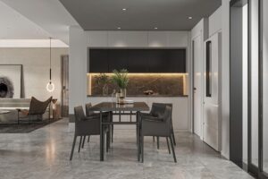 Κρυφός φωτισμός σε μοντέρνα κουζίνα και σαλόνι ενιαίου χώρου