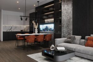 Λειτουργική διάταξη σε open plan κουζίνα και σαλόνι με φυσική ροή χώρου