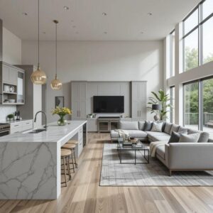 Νησίδα κουζίνας σε open plan χώρο που ενώνει κουζίνα και σαλόνι